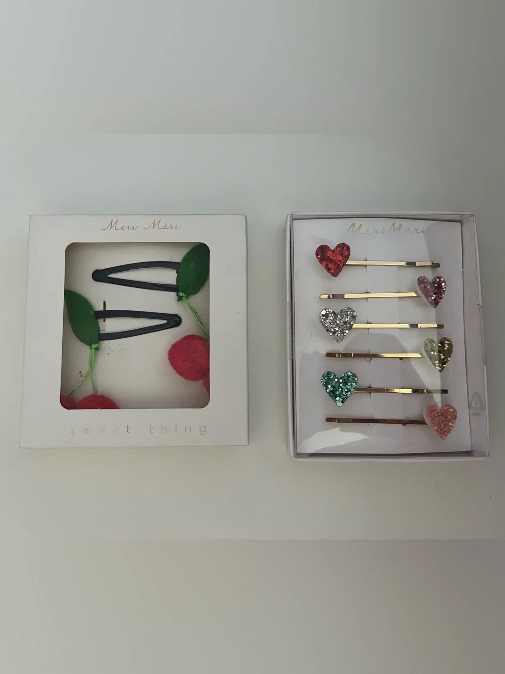 Two Sets of Meri Meri Cherries Hearts Hair Clips Barrettes NEW!
